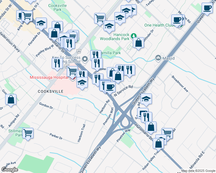 map of restaurants, bars, coffee shops, grocery stores, and more near 2091 Hurontario Street in Mississauga