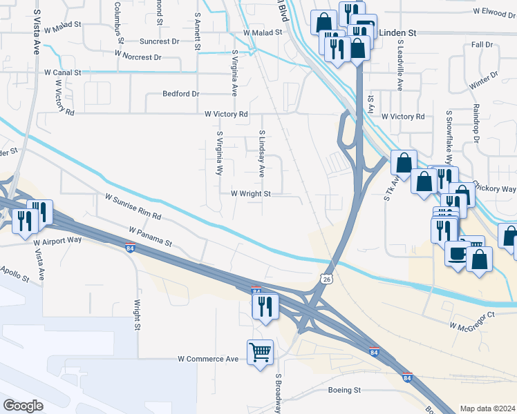 map of restaurants, bars, coffee shops, grocery stores, and more near 1542 West Alexandra Drive in Boise