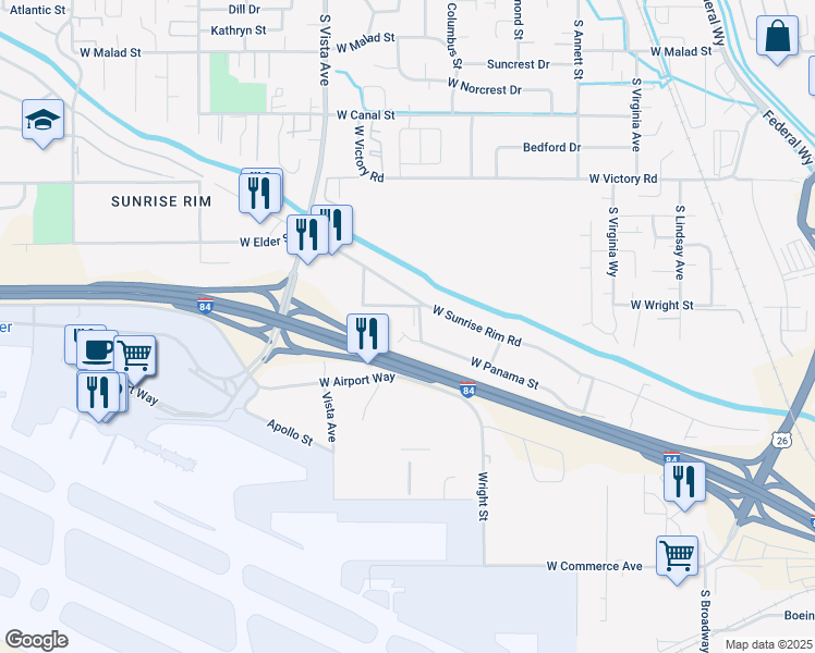 map of restaurants, bars, coffee shops, grocery stores, and more near 2357 Panama Street in Boise