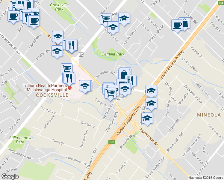 map of restaurants, bars, coffee shops, grocery stores, and more near 2087 Hurontario Street in Mississauga