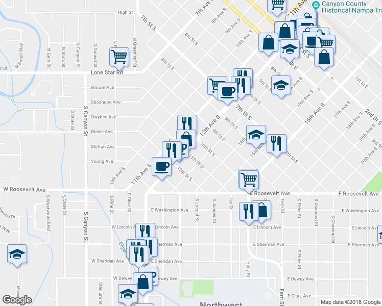 map of restaurants, bars, coffee shops, grocery stores, and more near 1204 11th Street South in Nampa