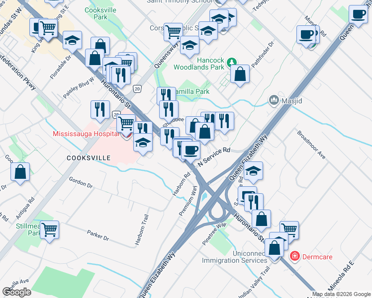 map of restaurants, bars, coffee shops, grocery stores, and more near 2091 Hurontario Street in Mississauga