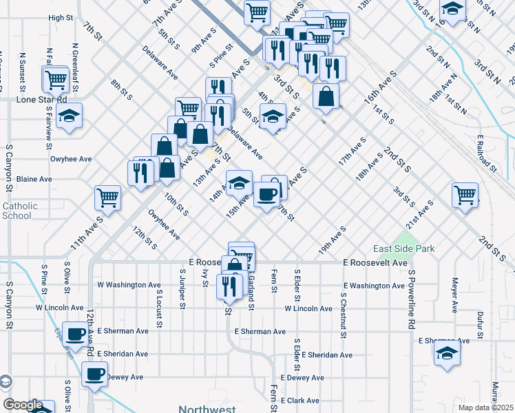 map of restaurants, bars, coffee shops, grocery stores, and more near 717 16th Avenue South in Nampa