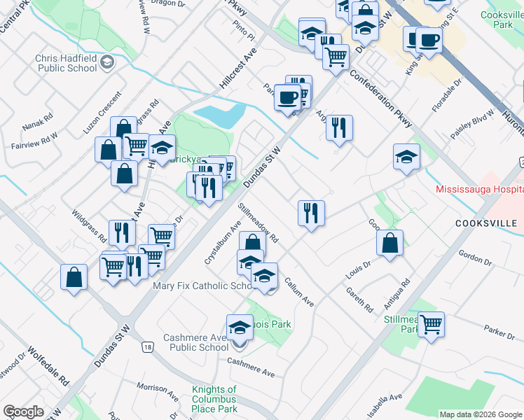 map of restaurants, bars, coffee shops, grocery stores, and more near 2584 Whaley Drive in Mississauga