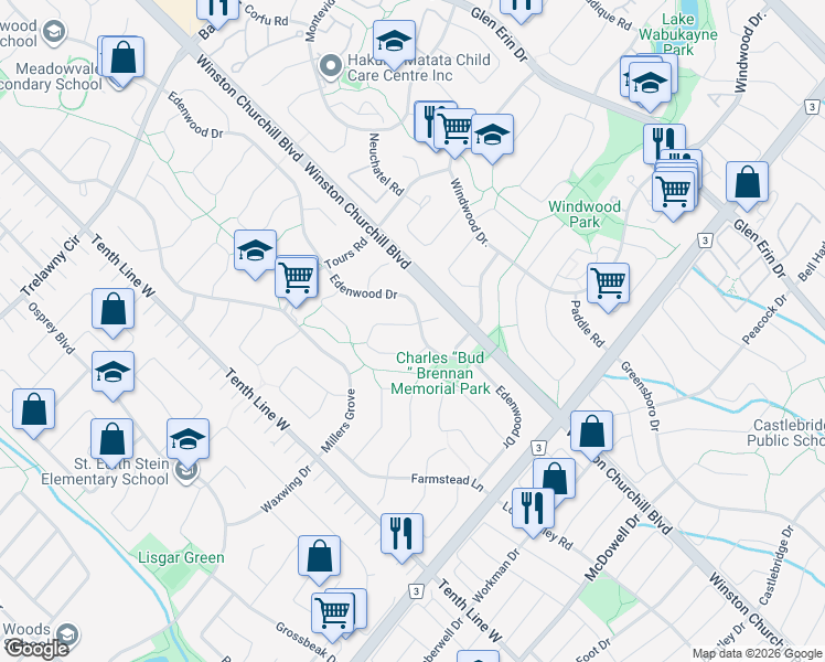 map of restaurants, bars, coffee shops, grocery stores, and more near 6250 Edenwood Drive in Mississauga