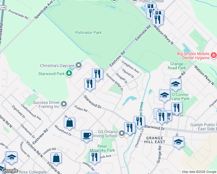 map of restaurants, bars, coffee shops, grocery stores, and more near 12 Popham Drive in Guelph
