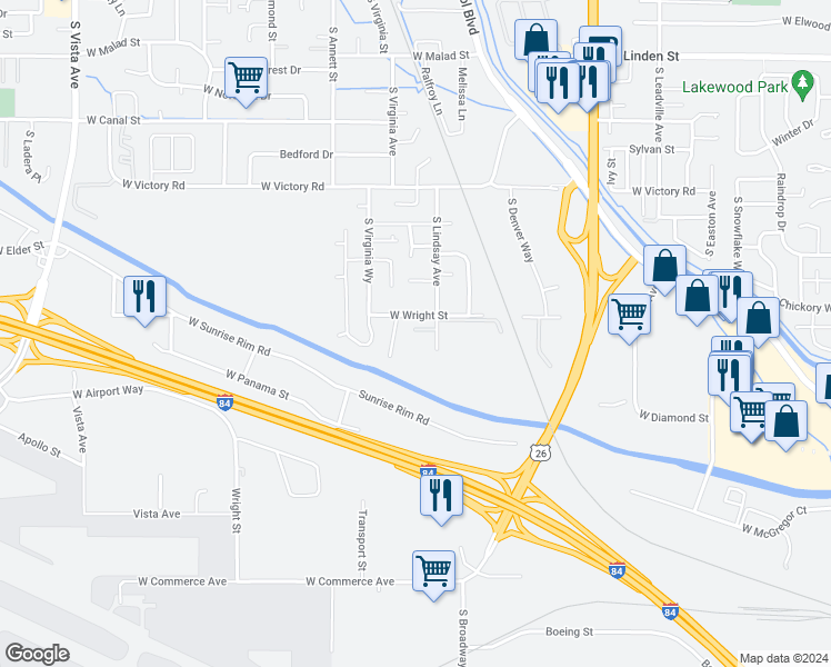 map of restaurants, bars, coffee shops, grocery stores, and more near 1542 West Alexandra Drive in Boise