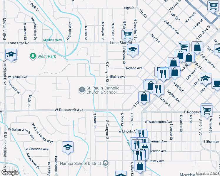 map of restaurants, bars, coffee shops, grocery stores, and more near 231 Young Avenue in Nampa