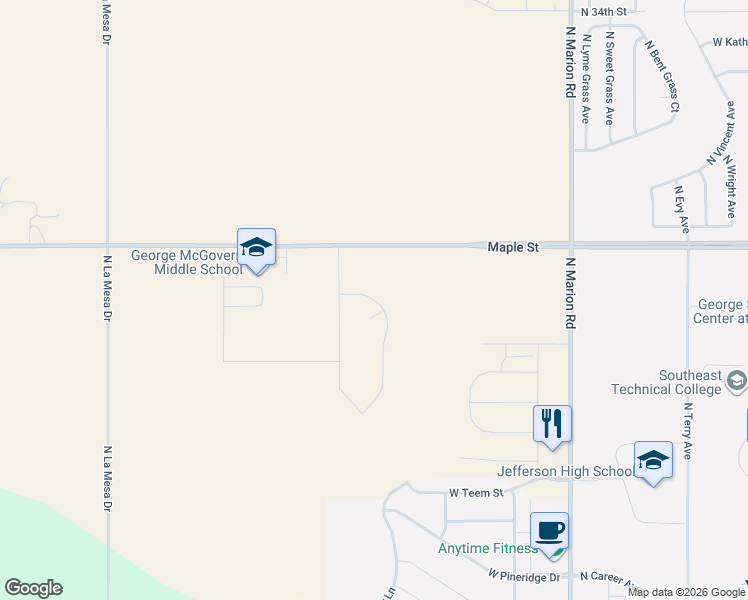map of restaurants, bars, coffee shops, grocery stores, and more near 5401-6999 Maple Street in Sioux Falls