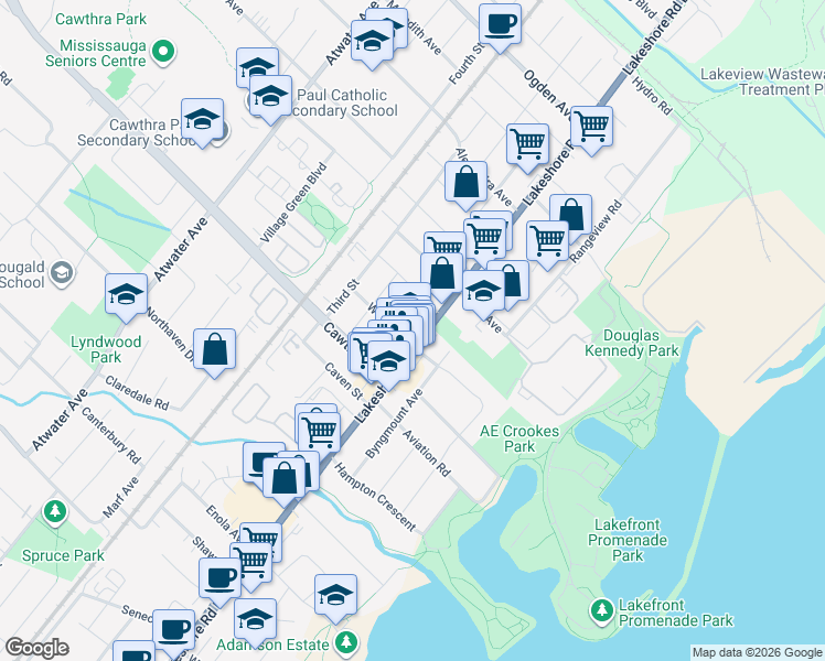 map of restaurants, bars, coffee shops, grocery stores, and more near 755 B Lakeshore Road East in Mississauga