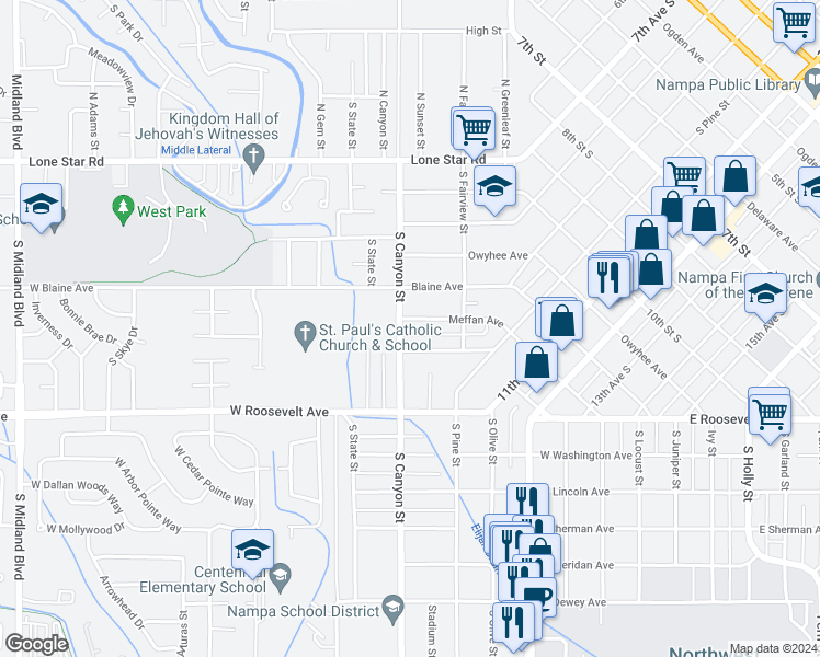 map of restaurants, bars, coffee shops, grocery stores, and more near 243 Meffan Avenue in Nampa
