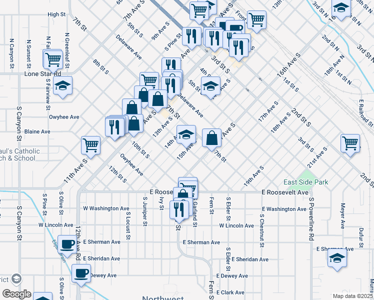 map of restaurants, bars, coffee shops, grocery stores, and more near 810 15th Avenue South in Nampa