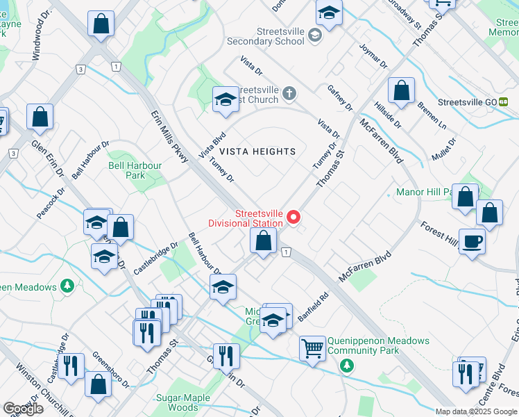 map of restaurants, bars, coffee shops, grocery stores, and more near 5486 Turney Drive in Mississauga