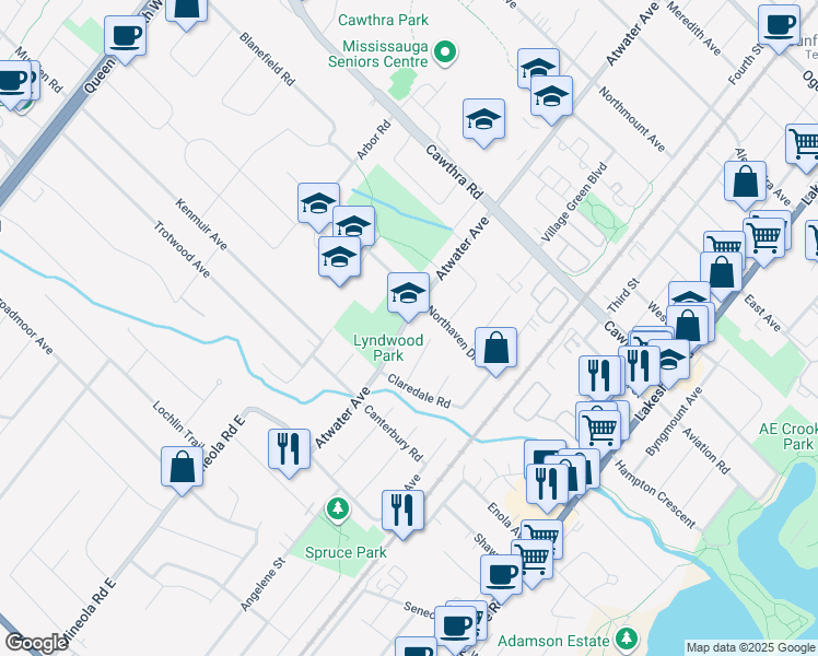 map of restaurants, bars, coffee shops, grocery stores, and more near 518 Atwater Avenue in Mississauga