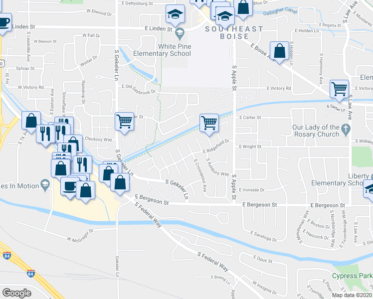 map of restaurants, bars, coffee shops, grocery stores, and more near 3407 South Crosspoint Avenue in Boise