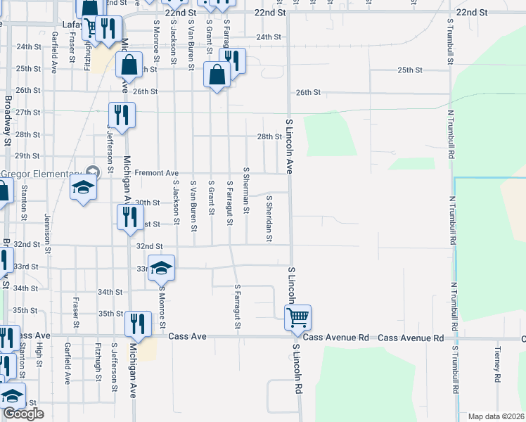 map of restaurants, bars, coffee shops, grocery stores, and more near 1901 South Sherman Street in Bay City