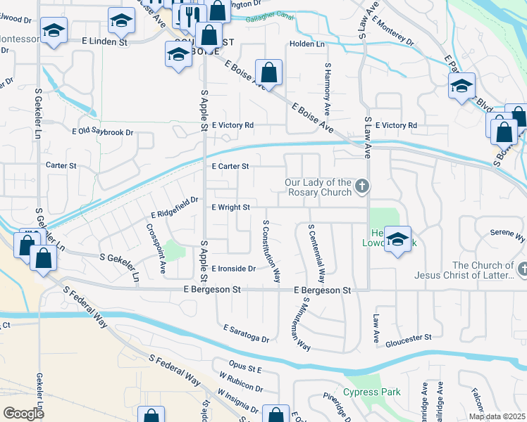 map of restaurants, bars, coffee shops, grocery stores, and more near 3433 South Constitution Way in Boise