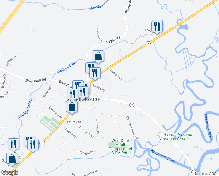 map of restaurants, bars, coffee shops, grocery stores, and more near 5 Higgins Street in Scarborough