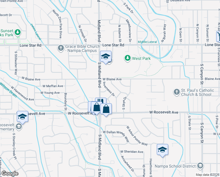 map of restaurants, bars, coffee shops, grocery stores, and more near 56 South Inverness Drive in Nampa