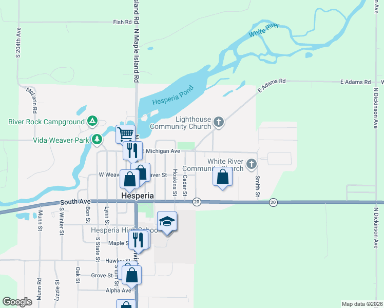 map of restaurants, bars, coffee shops, grocery stores, and more near 251 East Michigan Avenue in Hesperia