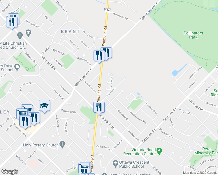 map of restaurants, bars, coffee shops, grocery stores, and more near 6 Eleanor Court in Guelph
