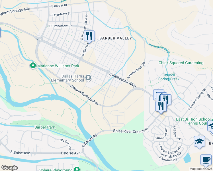 map of restaurants, bars, coffee shops, grocery stores, and more near 4405 East Parkcenter Boulevard in Boise