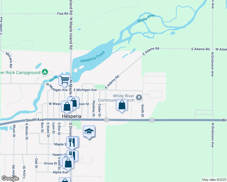 map of restaurants, bars, coffee shops, grocery stores, and more near 313 East Michigan Avenue in Hesperia