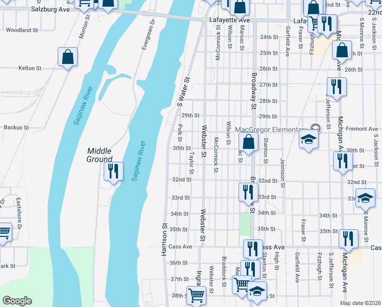 map of restaurants, bars, coffee shops, grocery stores, and more near 309 Polk Street in Bay City