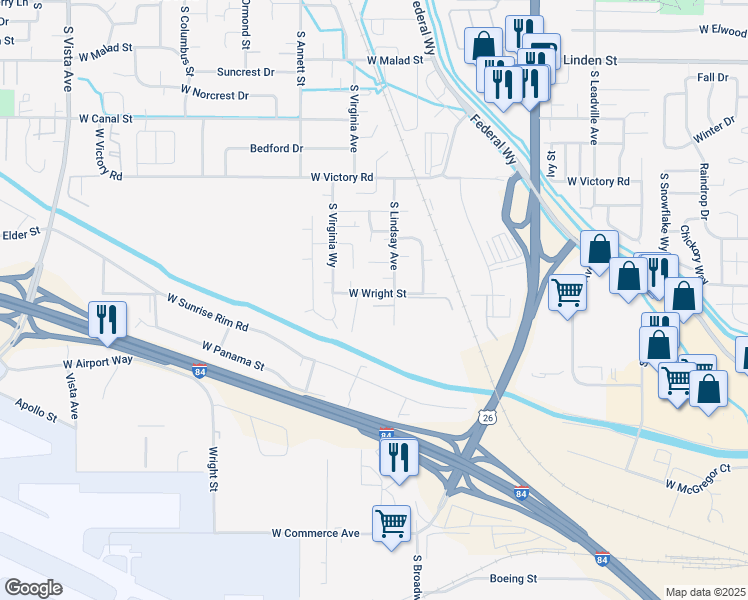 map of restaurants, bars, coffee shops, grocery stores, and more near 1558 West Wright Street in Boise