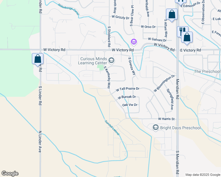 map of restaurants, bars, coffee shops, grocery stores, and more near 715 West Blue Downs Street in Meridian