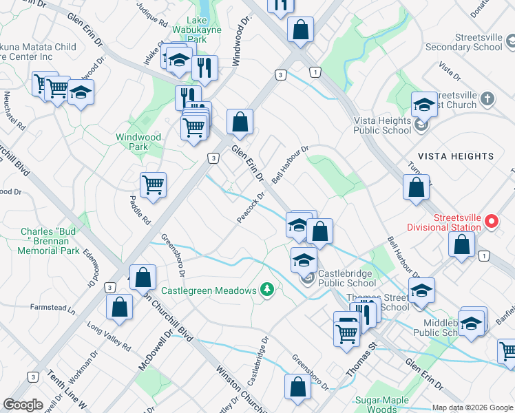 map of restaurants, bars, coffee shops, grocery stores, and more near 2768 Peacock Drive in Mississauga