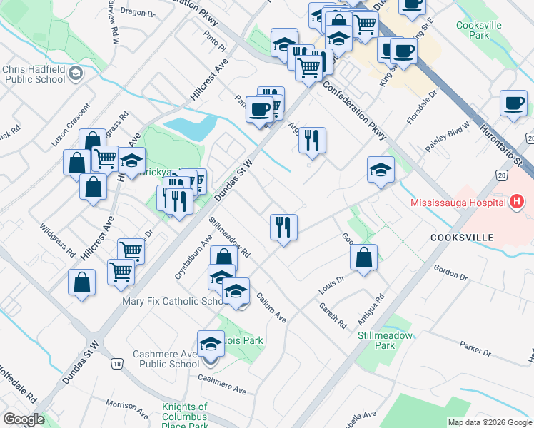 map of restaurants, bars, coffee shops, grocery stores, and more near in Mississauga