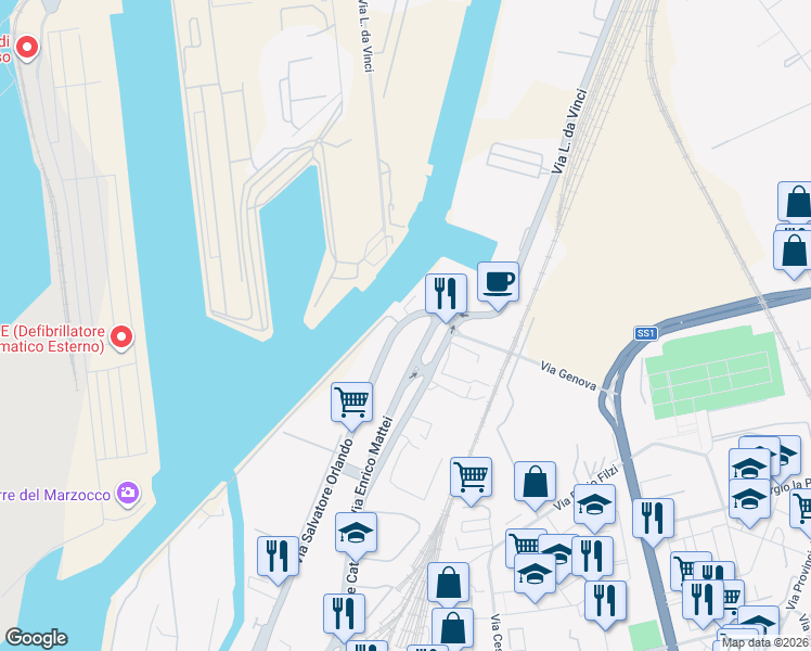 map of restaurants, bars, coffee shops, grocery stores, and more near 44 Via Orlando Salvatore in Livorno