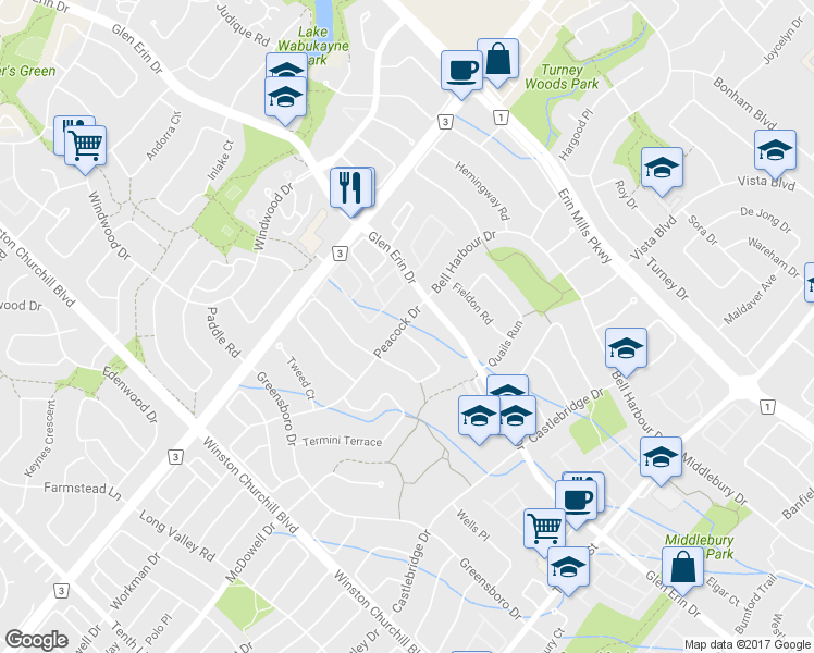 map of restaurants, bars, coffee shops, grocery stores, and more near 2768 Peacock Drive in Mississauga