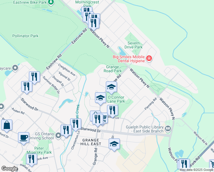 map of restaurants, bars, coffee shops, grocery stores, and more near 10 Esker Run in Guelph