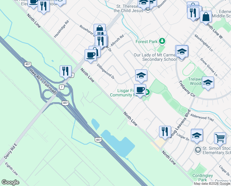 map of restaurants, bars, coffee shops, grocery stores, and more near 3682 Banff Court in Mississauga