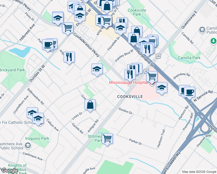 map of restaurants, bars, coffee shops, grocery stores, and more near 115 Antigua Road in Mississauga