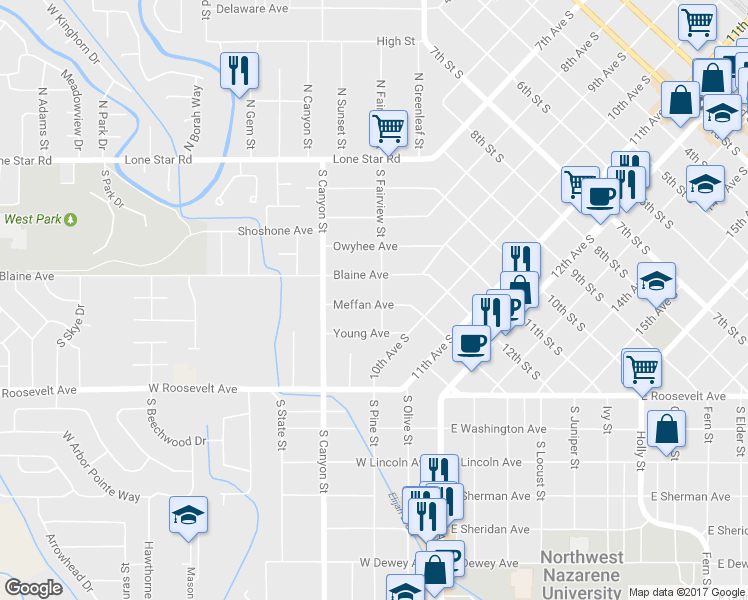 map of restaurants, bars, coffee shops, grocery stores, and more near 204 Meffan Avenue in Nampa