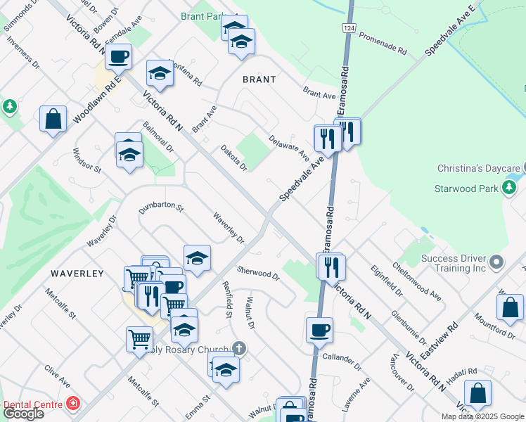 map of restaurants, bars, coffee shops, grocery stores, and more near Victoria Road North in Guelph