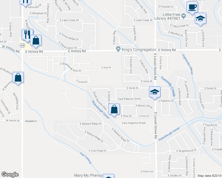 map of restaurants, bars, coffee shops, grocery stores, and more near 3264 South Veneto Avenue in Meridian