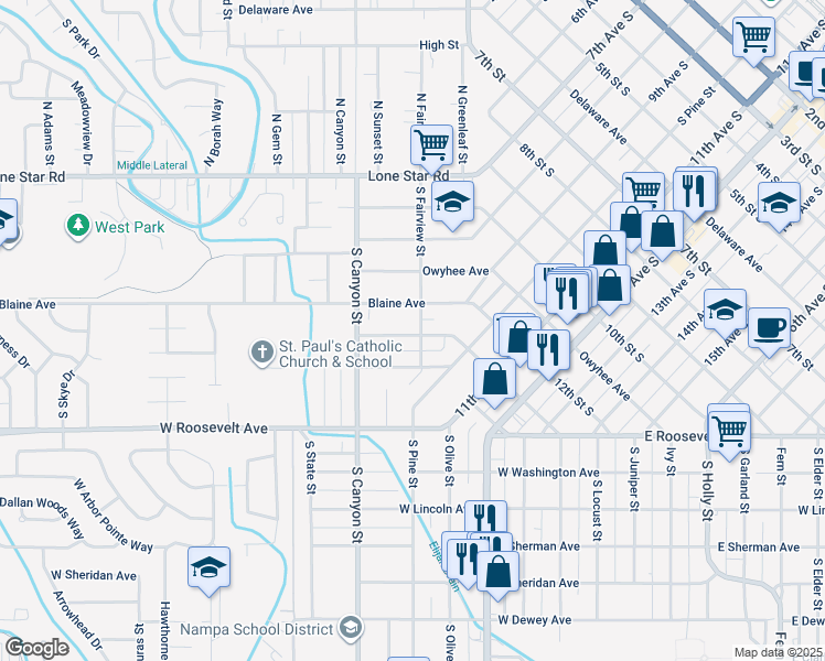 map of restaurants, bars, coffee shops, grocery stores, and more near 206 Meffan Avenue in Nampa