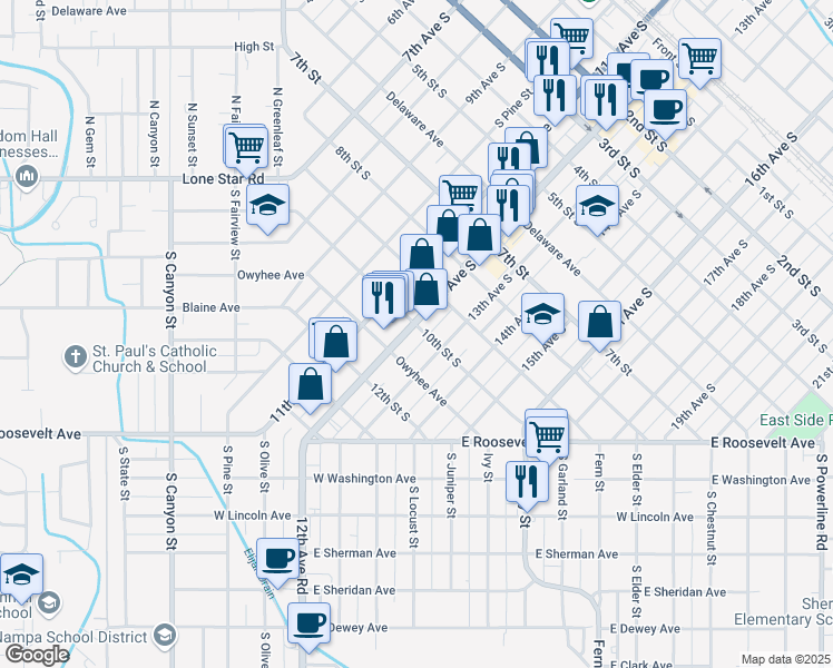 map of restaurants, bars, coffee shops, grocery stores, and more near 920 12th Avenue South in Nampa