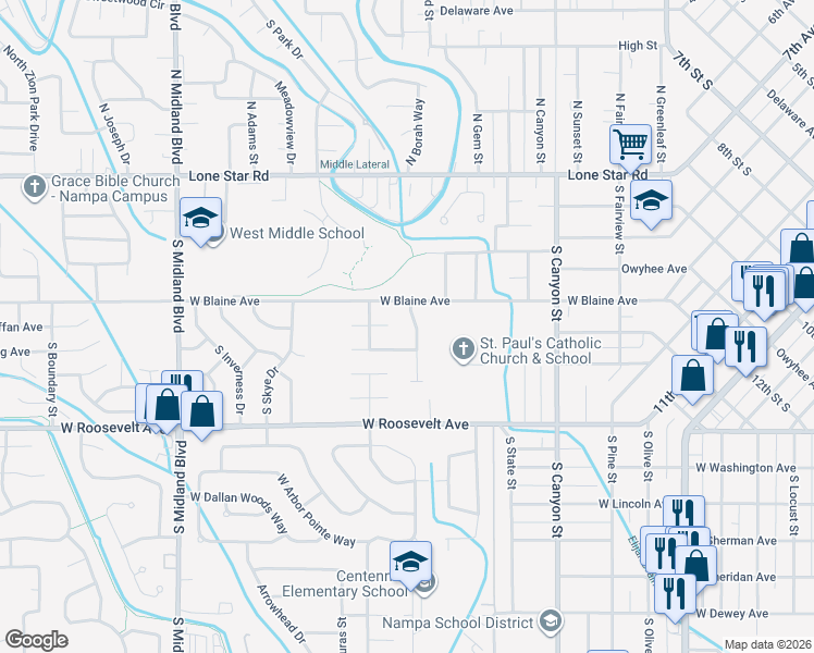 map of restaurants, bars, coffee shops, grocery stores, and more near 636 Redwood Lane in Nampa