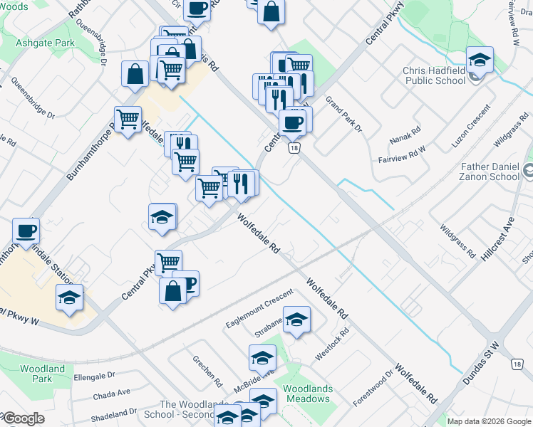 map of restaurants, bars, coffee shops, grocery stores, and more near 3413 Wolfedale Road in Mississauga