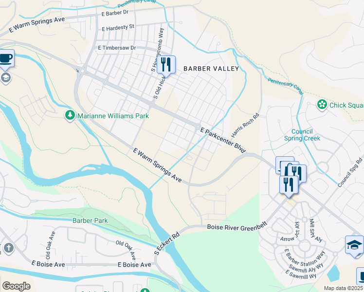 map of restaurants, bars, coffee shops, grocery stores, and more near 3227 South Brookridge Way in Boise