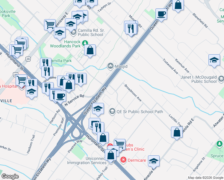 map of restaurants, bars, coffee shops, grocery stores, and more near 1638 Crestview Avenue in Mississauga