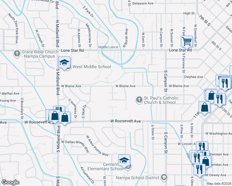 map of restaurants, bars, coffee shops, grocery stores, and more near 636 Redwood Ln in Nampa