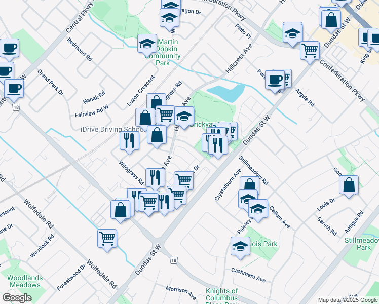 map of restaurants, bars, coffee shops, grocery stores, and more near 601 Shoreline Drive in Mississauga