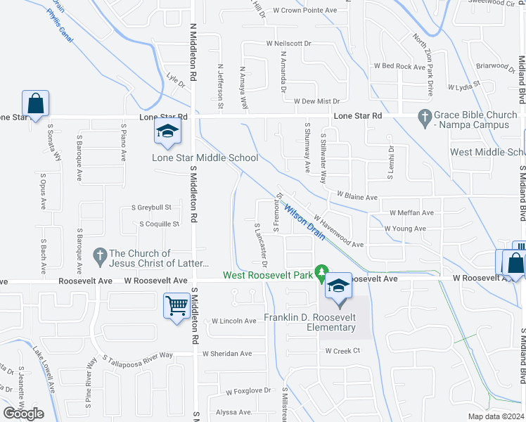 map of restaurants, bars, coffee shops, grocery stores, and more near 58 South Lancaster Drive in Nampa