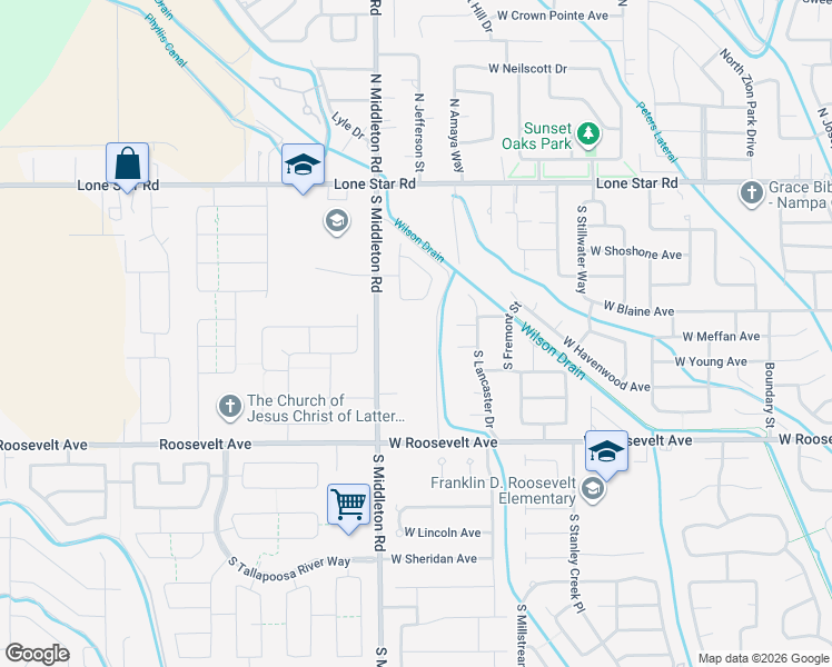 map of restaurants, bars, coffee shops, grocery stores, and more near 82 South Middleton Road in Nampa